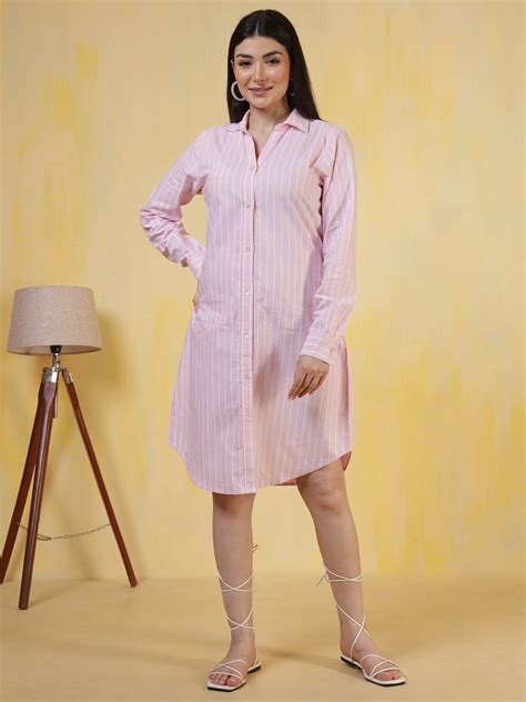 Pink & White Stripe Cotton Shirt Dress | Women’s Casual Wear – Ranng
