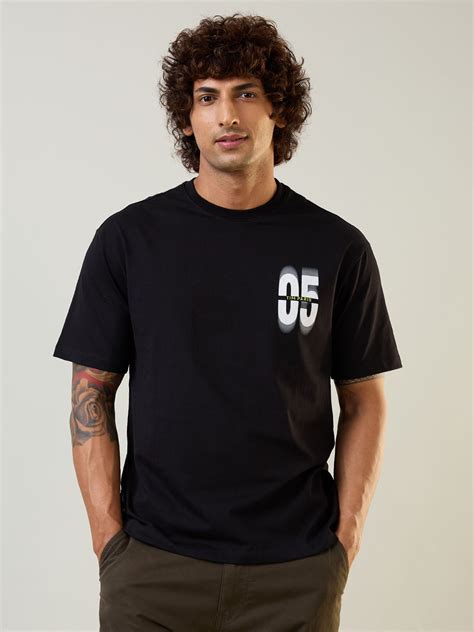 Tim Paris Black Printed Relaxed Fit T-Shirt for Men
