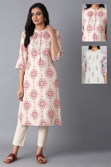 Buy Beige And Green Printed Straight Mandarin Collar Kurta Combo Online ...