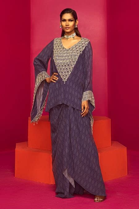 Buy Purple Crepe Sequins, Cut Work V-neck Chevron Print Kurta And Dhoti ...