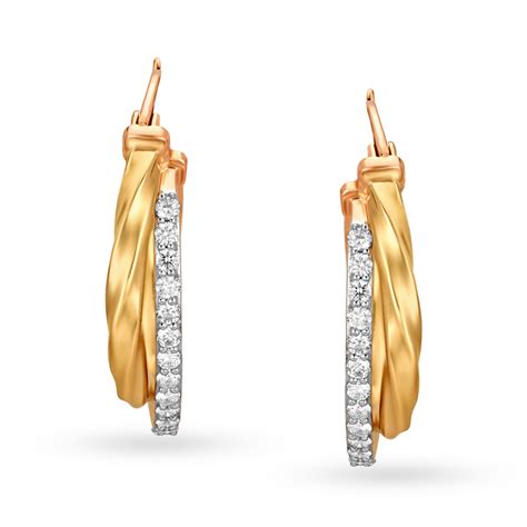 Stylish 18 Karat Yellow And Rose Gold And Diamond Twined Hoops