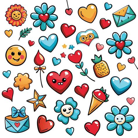 Cute Cartoon Pattern with Hearts, Flowers, and Emojis 57840595 Vector ...