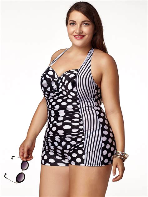 Stylish Plus Size Halter Polka Dot Printed One-Piece Swimwear For Women ...