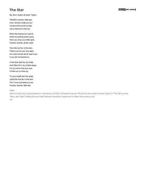 The Star Poetry Out Loud - The Star By Ann Taylor & Jane Taylor TWINKLE ...