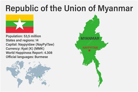 Premium Vector | Highly detailed myanmar map with flag capital and small map of the world