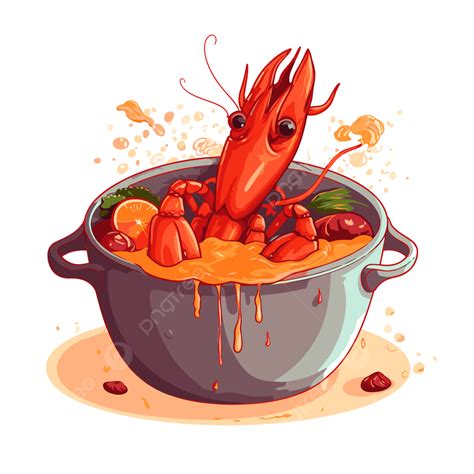 Crawfish Boil Vector, Sticker Clipart Lobster In A Pot Of Sauce Cartoon ...