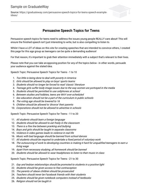 ⇉Persuasive Speech Topics for Teens Essay Example | GraduateWay