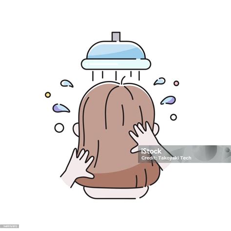 Vetores de Mulher Tomando Banho De Chuveiro Cabeça De Lavagem Conceito ...