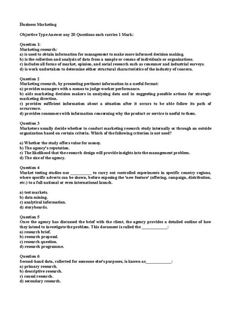 Business Marketing Quiz Paper (BMR 101): Objective and Descriptive ...