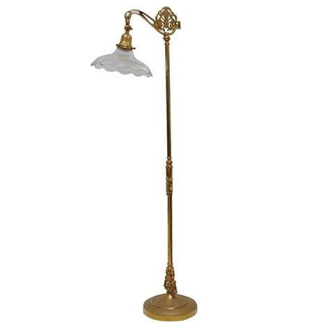 Solid Brass Floor Lamp wit Holophane Shade, C. 1940 at 1stDibs