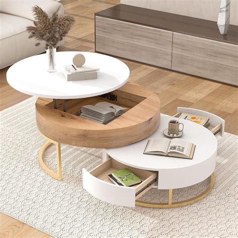Amazon.com: Modern Round Lift-top Nesting Coffee Tables with 2 Drawers White & Natural : Home ...