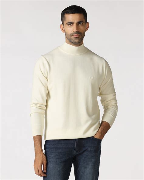 Buy Off White High Neck Solid Sweater Online