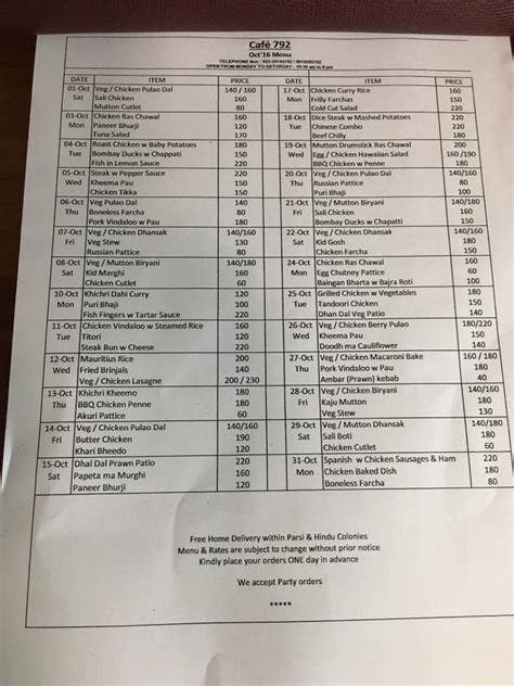 Menu at Café 792, Mumbai