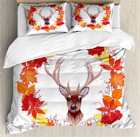 Fall Duvet Cover Set Queen Size, Reindeer Head in Rounded Floral Wreath ...