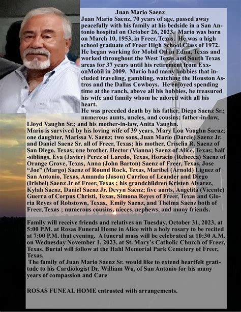 Obituary for Juan Mario Saenz - Rosas Funeral Home Inc