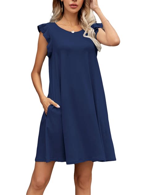 CALIPESSA Womens Summer Navy Blue Ruffle Sleeve Casual Swing Flowy ...