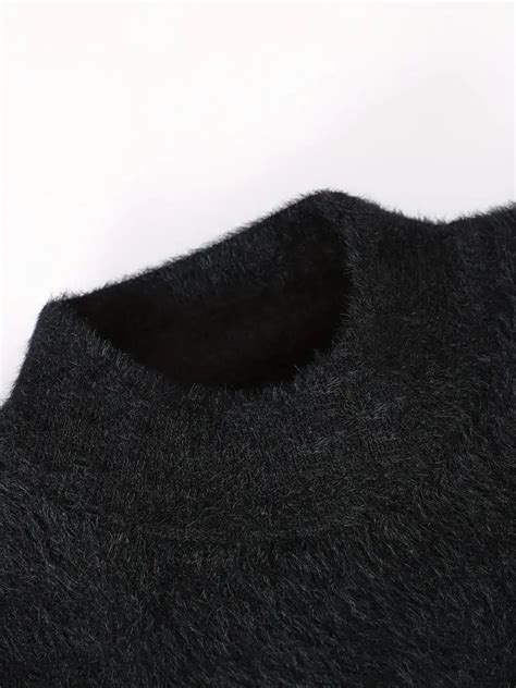 Fuzzy Gradient Sleeve Sweater – Soft Black Winter Pullover with Embroi ...