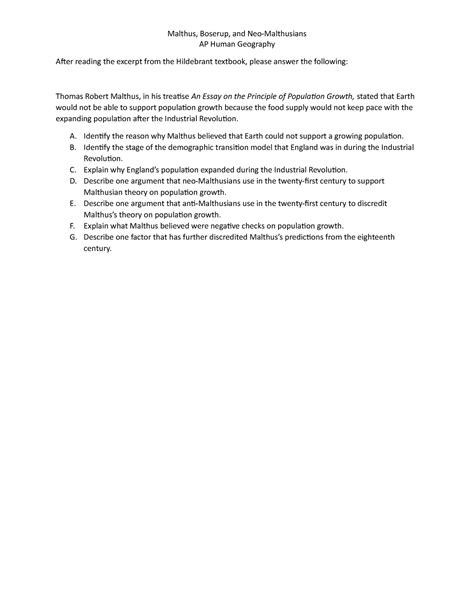 Malthus FRQ - uihijhjhn - Malthus, Boserup, and Neo-Malthusians AP ...