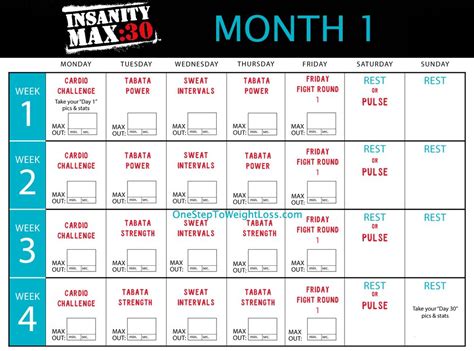 Printable Insanity Max 30 Calendar - Printable Word Searches