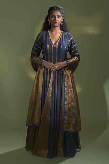 Buy Blue Tissue, Chanderi , Lace Detailed Neckline Anarkali With ...