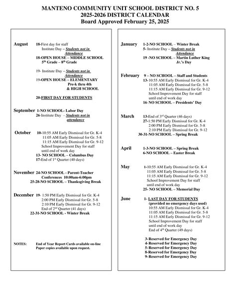 Manteno community unit School District 5 Calendar 25-26 revised - EduCounty