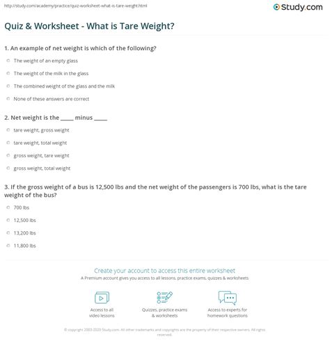 Quiz & Worksheet - What is Tare Weight? | Study.com