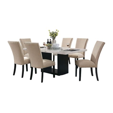 Benjara Ronda 7Pc Dining Table Set With Marble Top, Beige Fabric Chairs ...