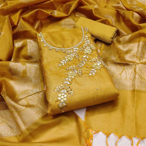 Yellow Floral Hand Embroidered Viscose Dress Material