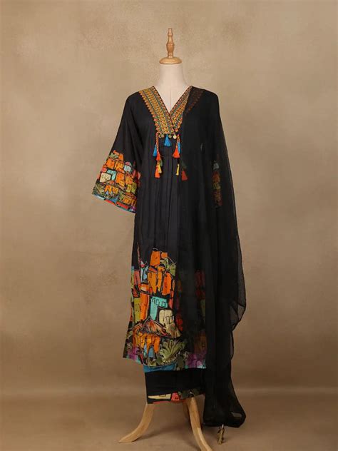 Black Floral Design Print Cotton Salwar Suit | Diadem