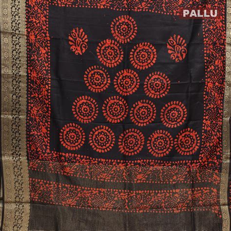 Semi kanjivaram silk saree black and orange with allover batik prints ...