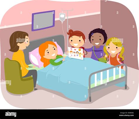 Illustration of Stickman Kids Paying a Visit to a Friend in the Hospital Stock Photo - Alamy
