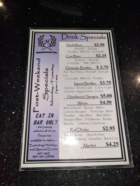 Menu at Hazelwood Inn restaurant, Baltimore