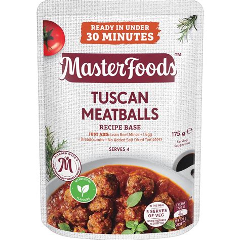 Calories in Masterfoods Recipe Base Tuscan Meatballs calcount