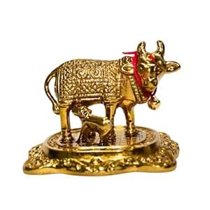 Buy Prime Decor Kamdhenu Cow and Calf Idol – Golden Brass Gau MATA ...