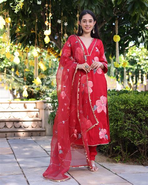 Shop Raspberry Blush Red Handpainted Satin Suit Set for Women Online in ...