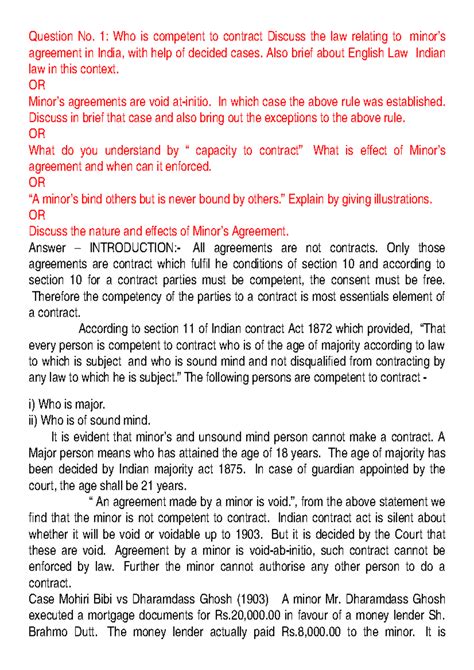 Contract Law Notes: Minor's Agreements and Capacity to Contract - Studocu