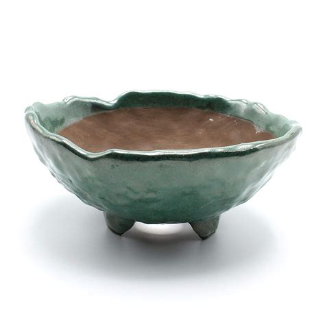 Bonsai Wild Grass Ceramic Pot Round Shape Rocky Skin Glazed (Oribe-Yu ...