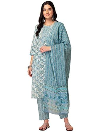 Indya Off White And Blue Block Print Embroidered Cotton Kurta With ...