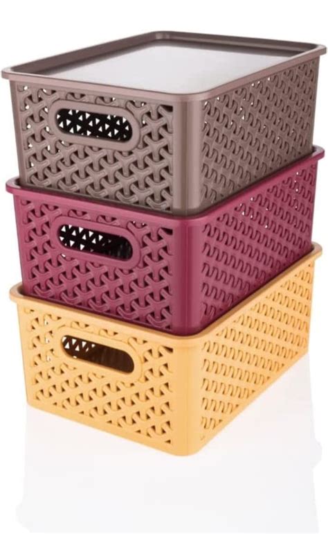 Kiaro Basket Medium Pack of 3 With 3 Lids Multipurpose Plastic Storage ...