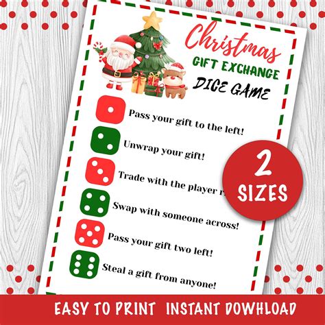 Printable christmas gift exchange dice game christmas party game ...
