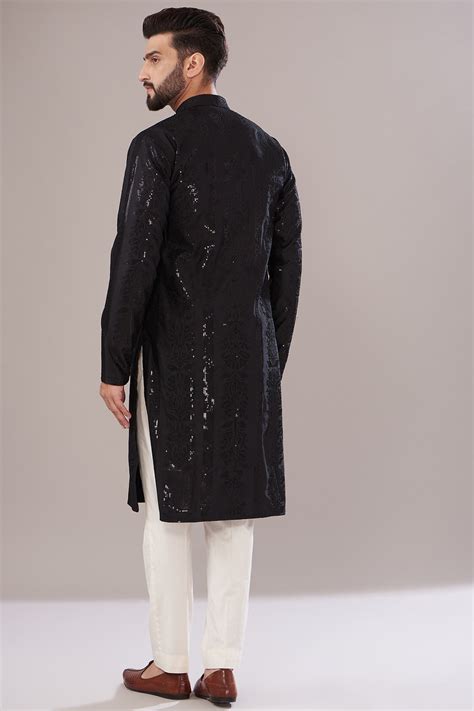 Black Slub Silk Embroidered Kurta