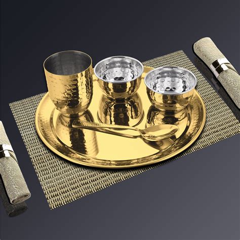 5 PCS Hammered Gold Thali Set with PVD Coating - Diamond | Shiny Finish ...