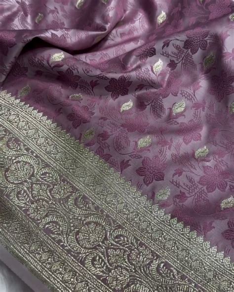 Lavender Tanchoi Satin Katan Silk Saree with Floral Zari Border ...