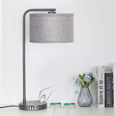 Gray Bedside Lamp with Dual USB Charging Ports, Fully Dimmable Modern ...