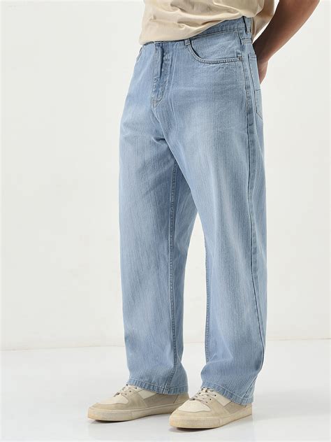 Men's Ice Blue Loose Baggy Fit Washed Denim Jeans Non-Stretchable ...