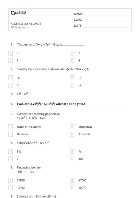 50+ Algebra worksheets for 7th Class on Quizizz | Free & Printable