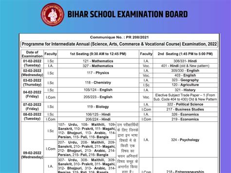 BSEB 10th and 12th Date sheet 2022 bihar board time table Bihar School ...