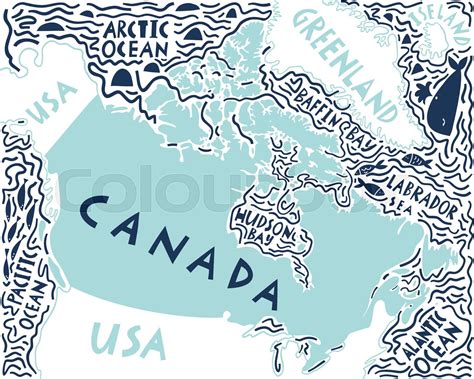 Vector hand drawn stylized map of Canadian region with neighbor countries. Canada travel ...
