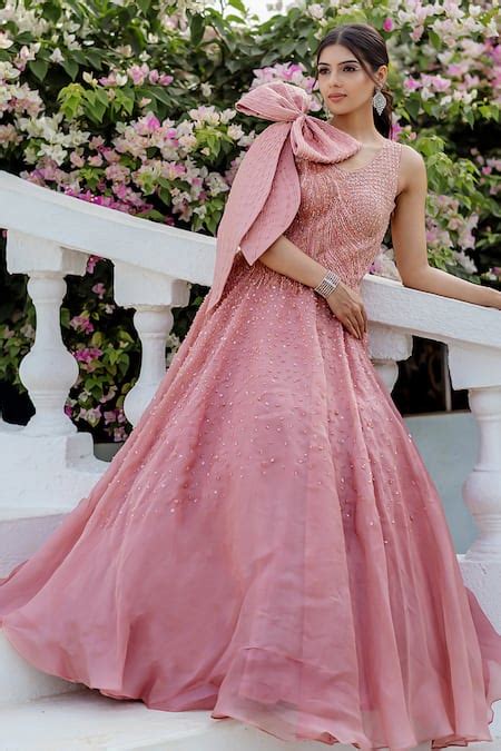 Buy Pink Satin Organza Hand Embroidery Sequin Scoop Camelia Gown For ...