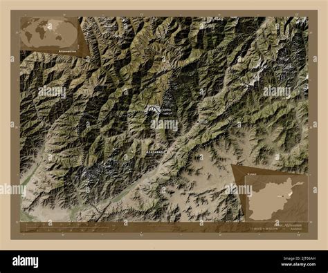 Kunar, province of Afghanistan. Low resolution satellite map. Locations and names of major ...